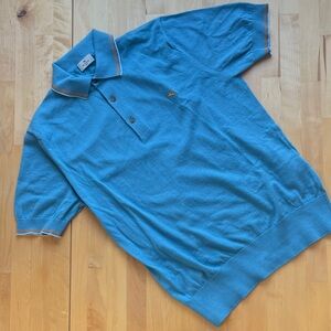 NWOT baby blue Etro cotton cashmere woven Polo Shirt with Orange Accents